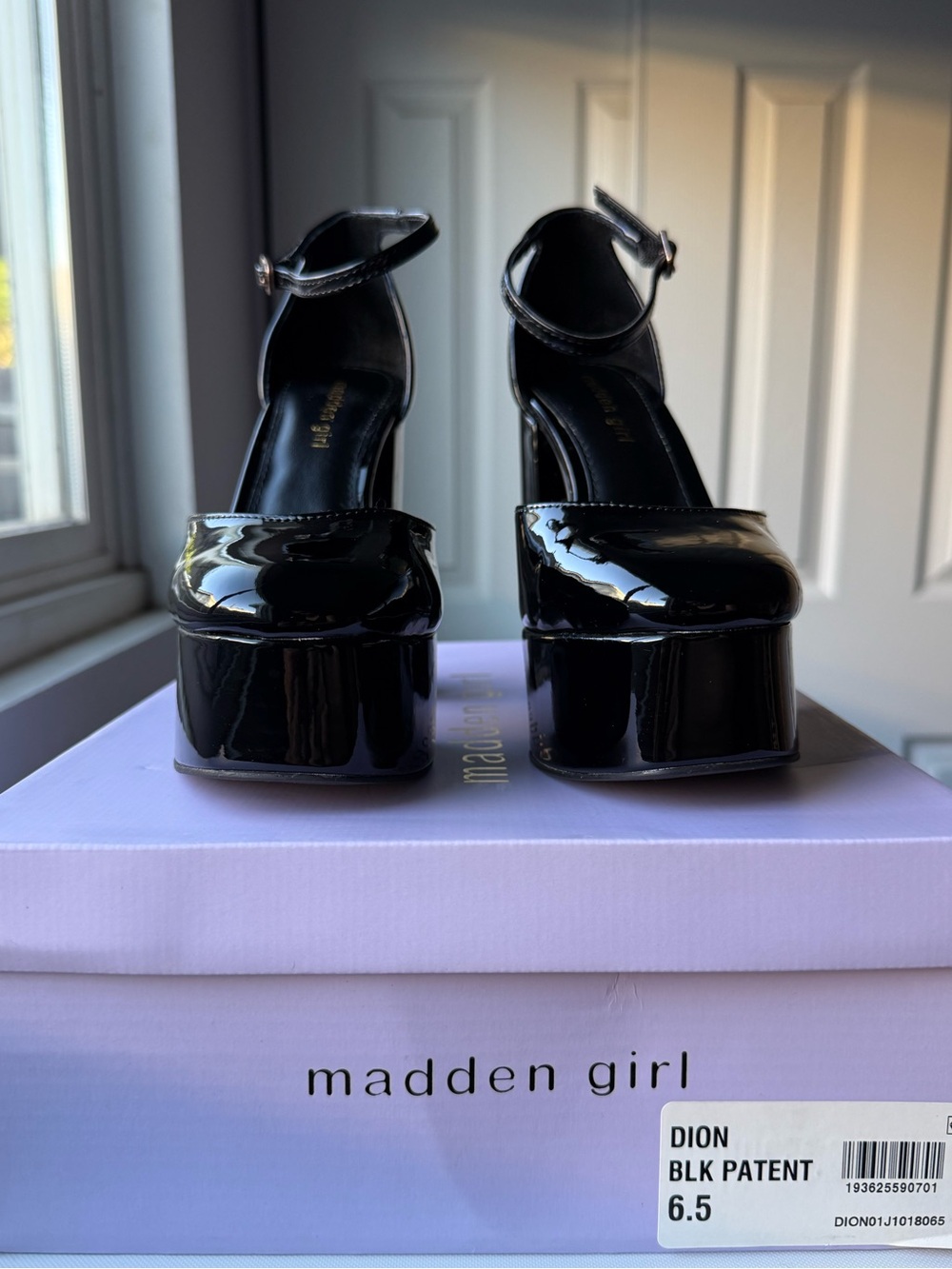 Black patent ankle strap platform